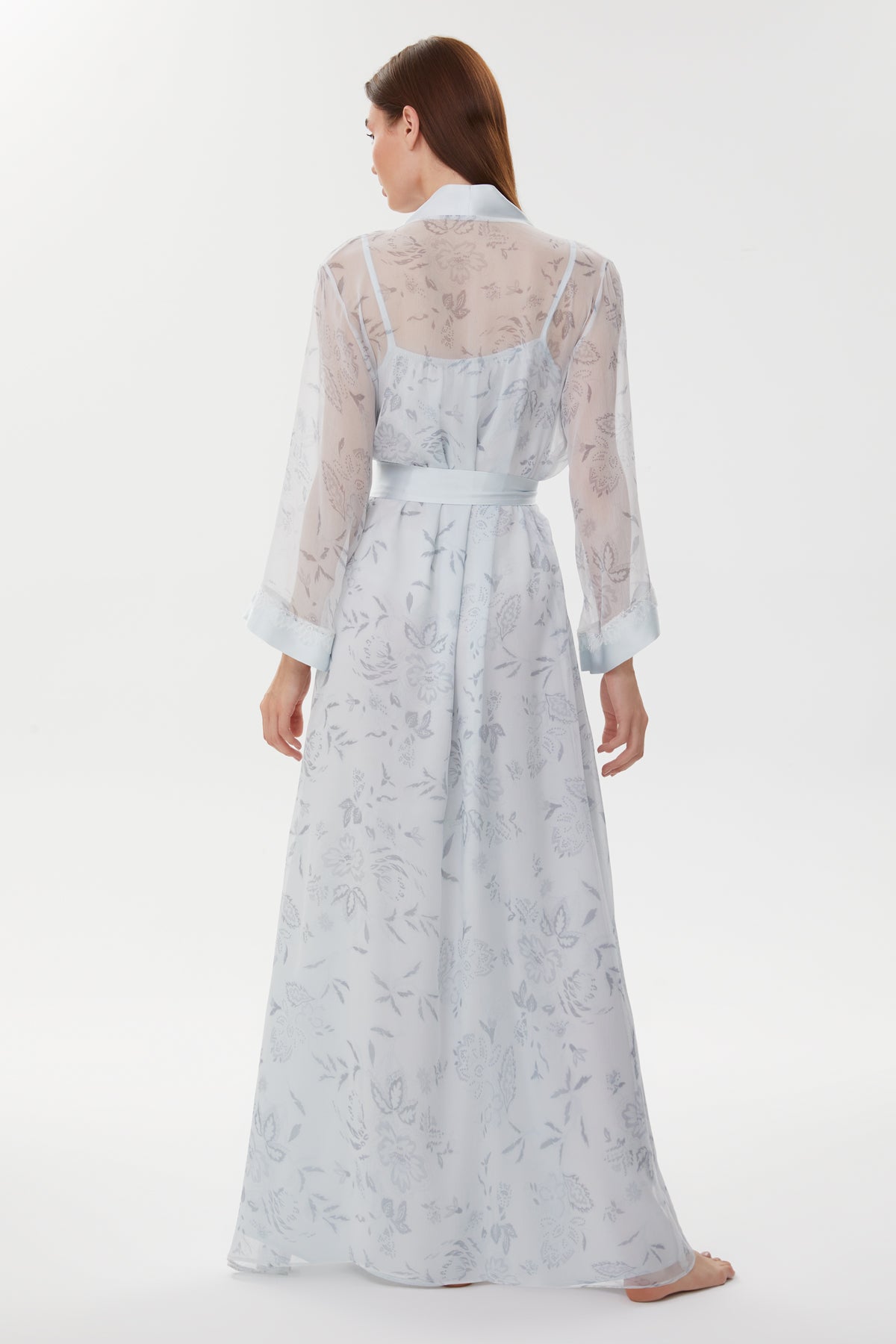 Bel Ice Blue Silk & Printed Chiffon Robe Set