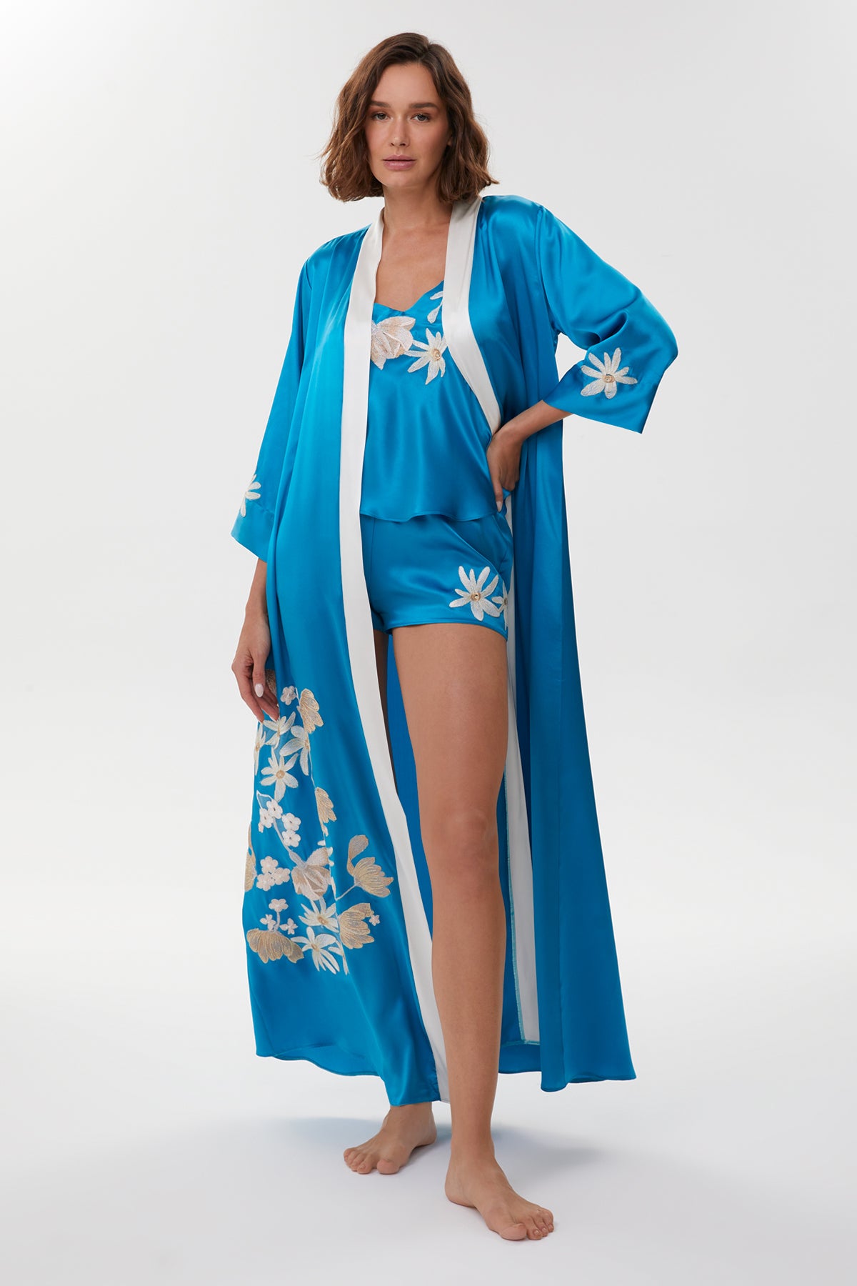 Adelia Royal Blue Silk Camisole Set with Long Robe