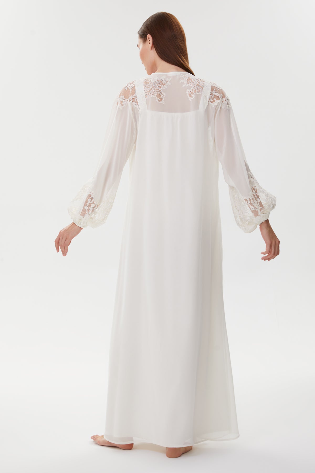 Carine Ecru Cotton Satin Nightgown with Crepe Chiffon Robe