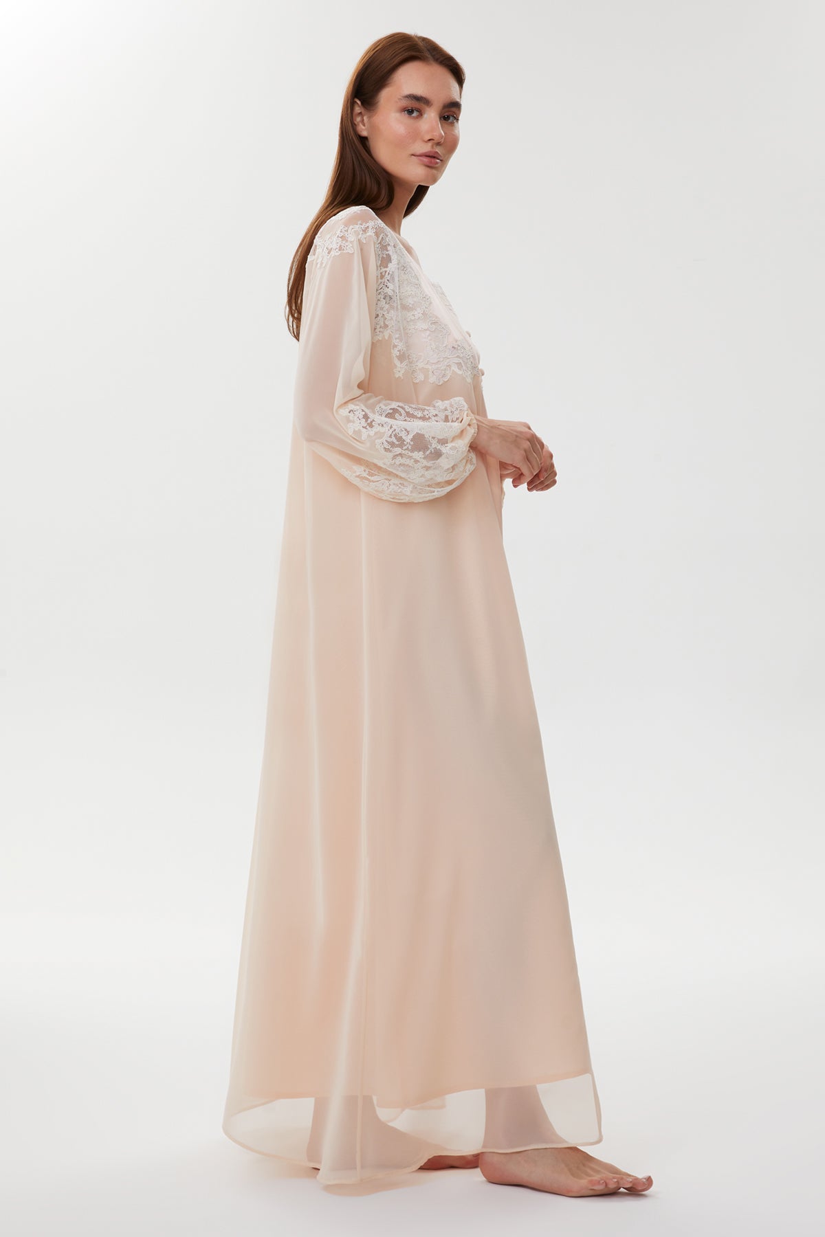 Carine Blush Peach Cotton Satin Nightgown with Crepe Chiffon Robe