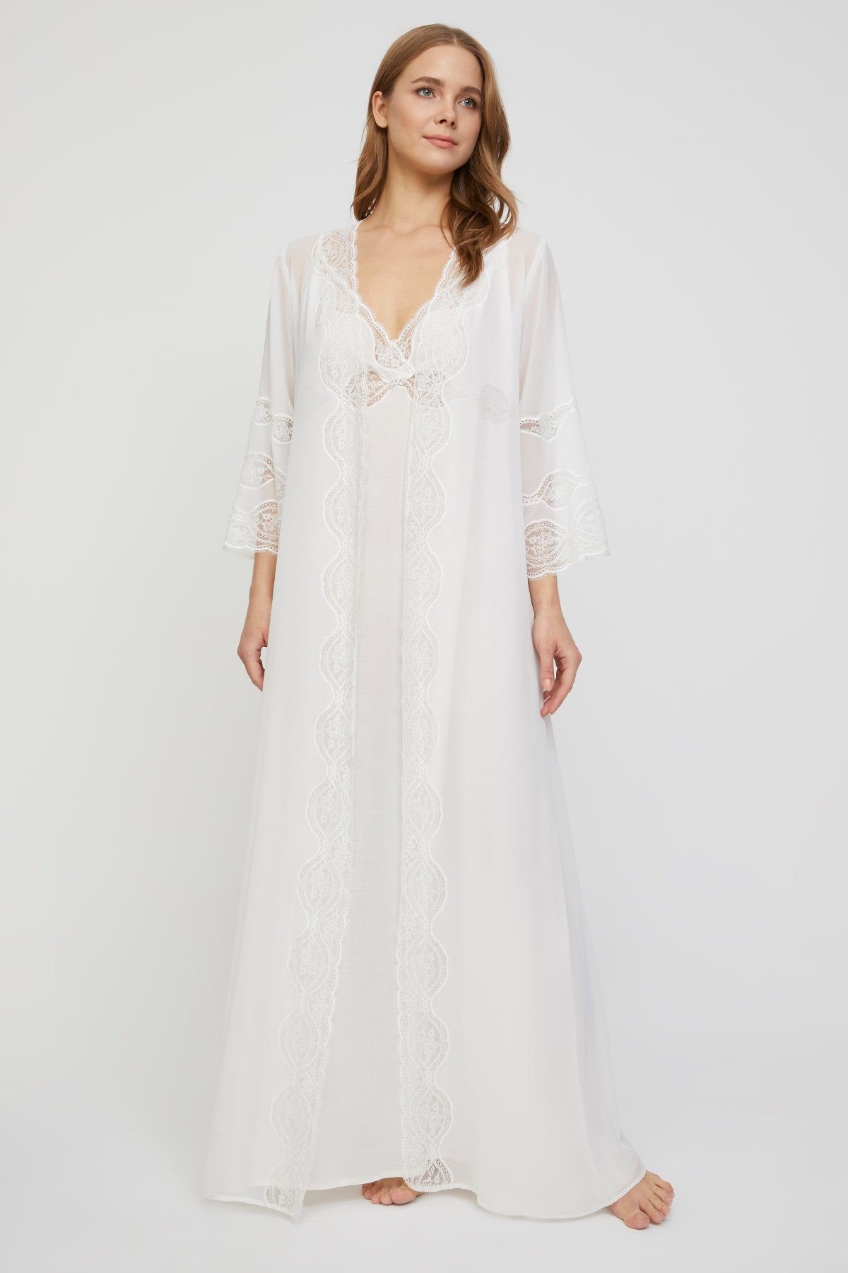 Elenore Off White Cotton-Voile Nightgown & Crepe Chiffon Robe
