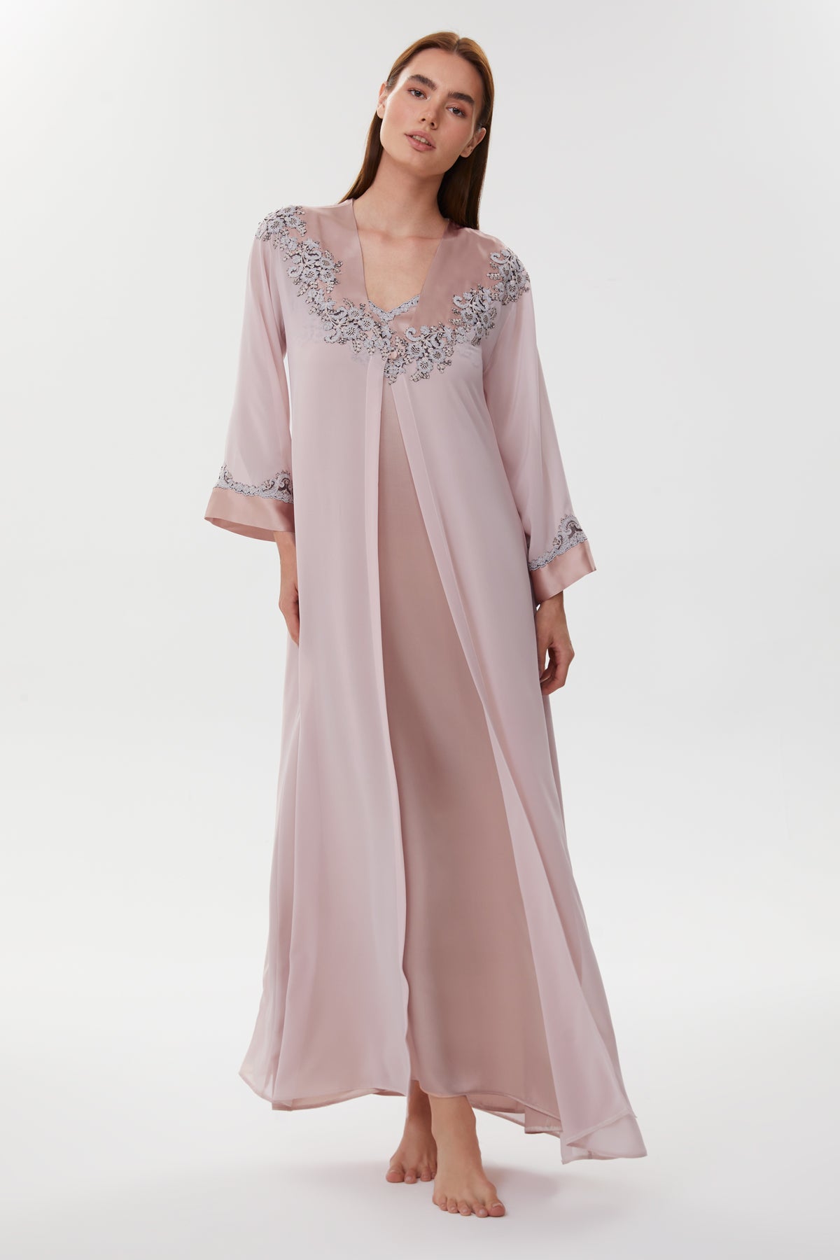 Belinda Dusty Blush Silk Nightgown & Crepe Chiffon Robe