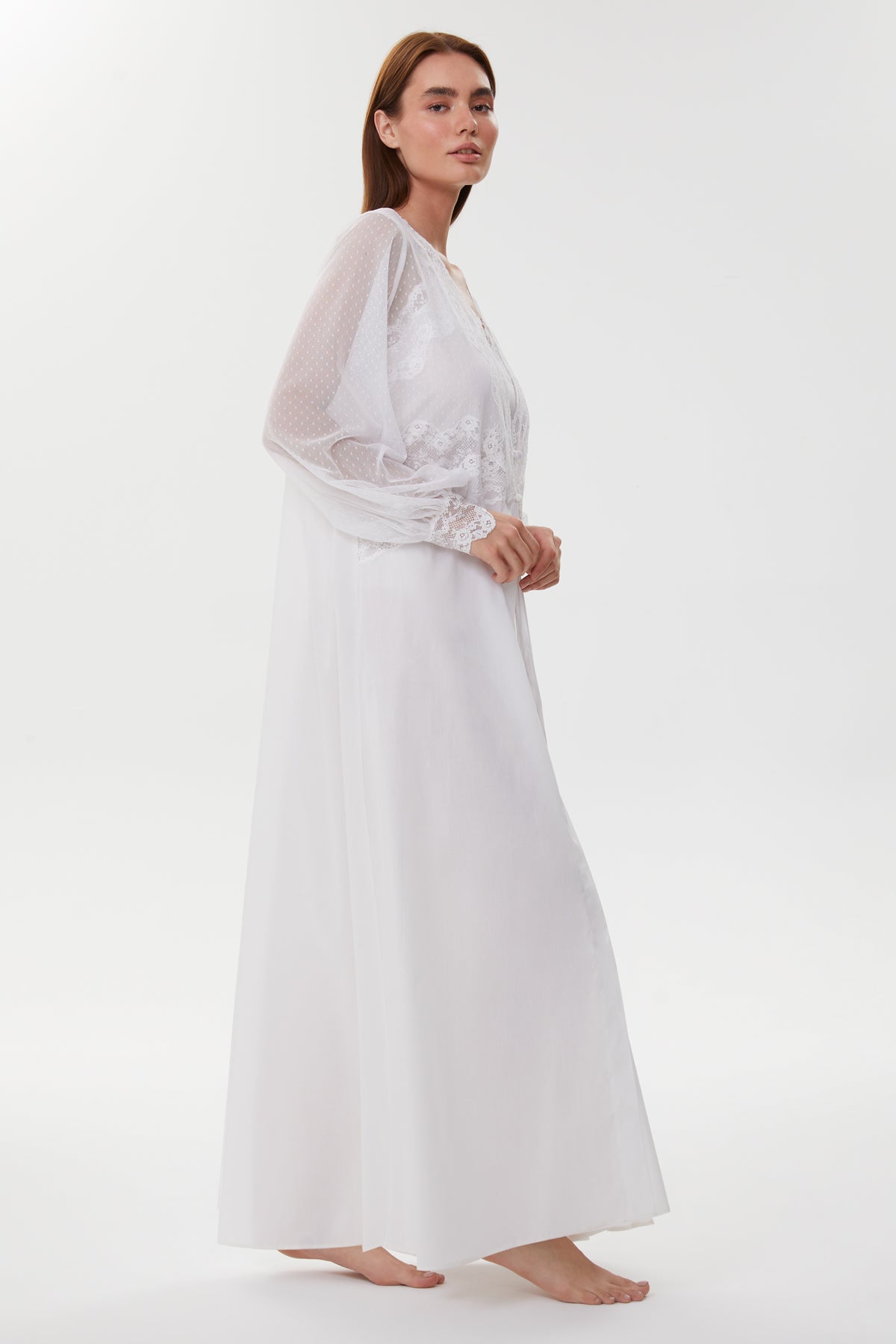 Celine Pearl White Cotton Voile Nightgown with Dotted Tulle Robe