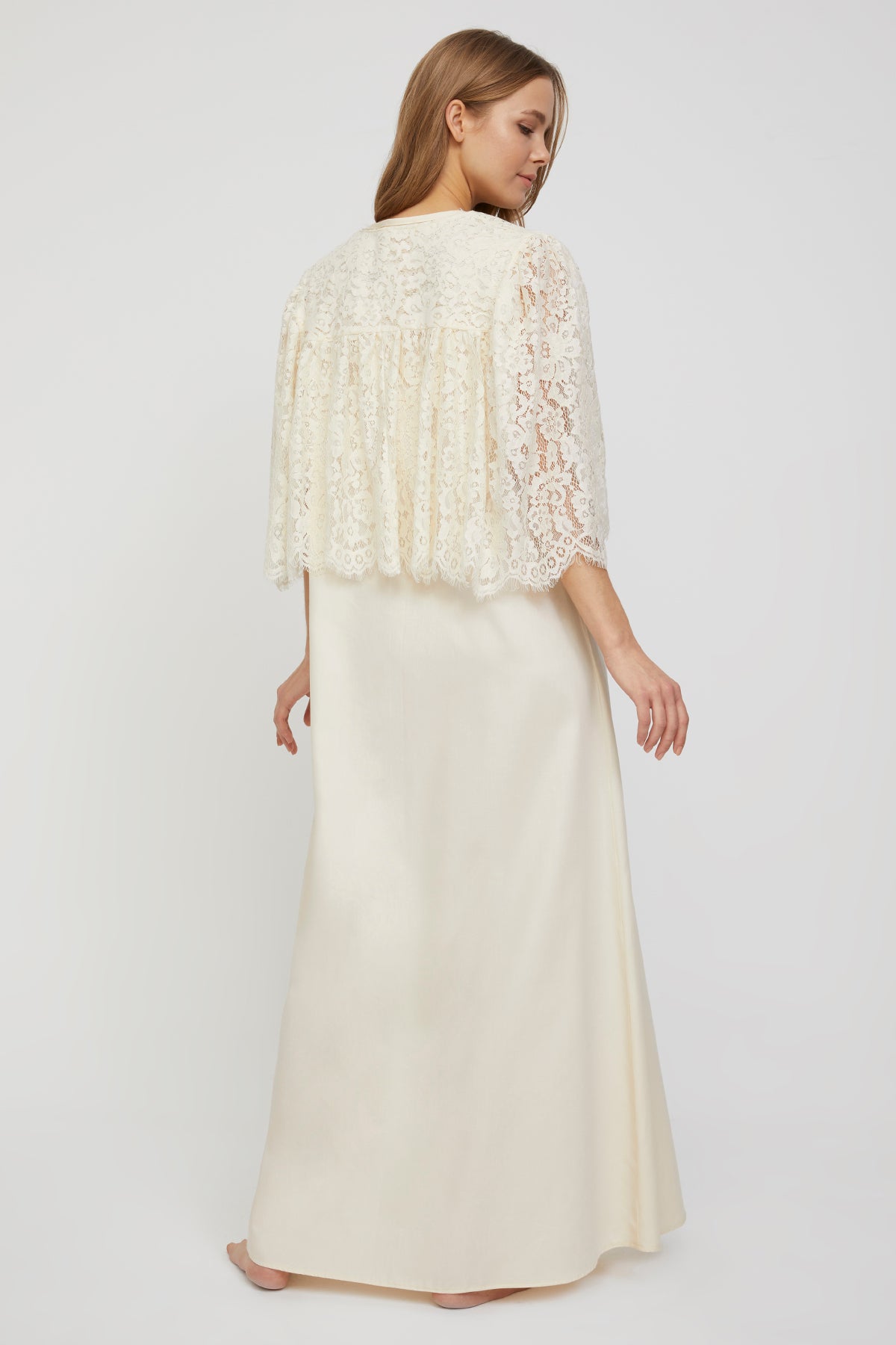 Romantic Ecru Cotton Satin Nightgown and French Lace Cape