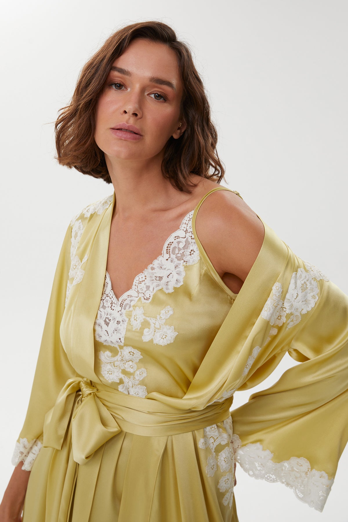 Anne Golden Olive Silk Nightgown & Robe