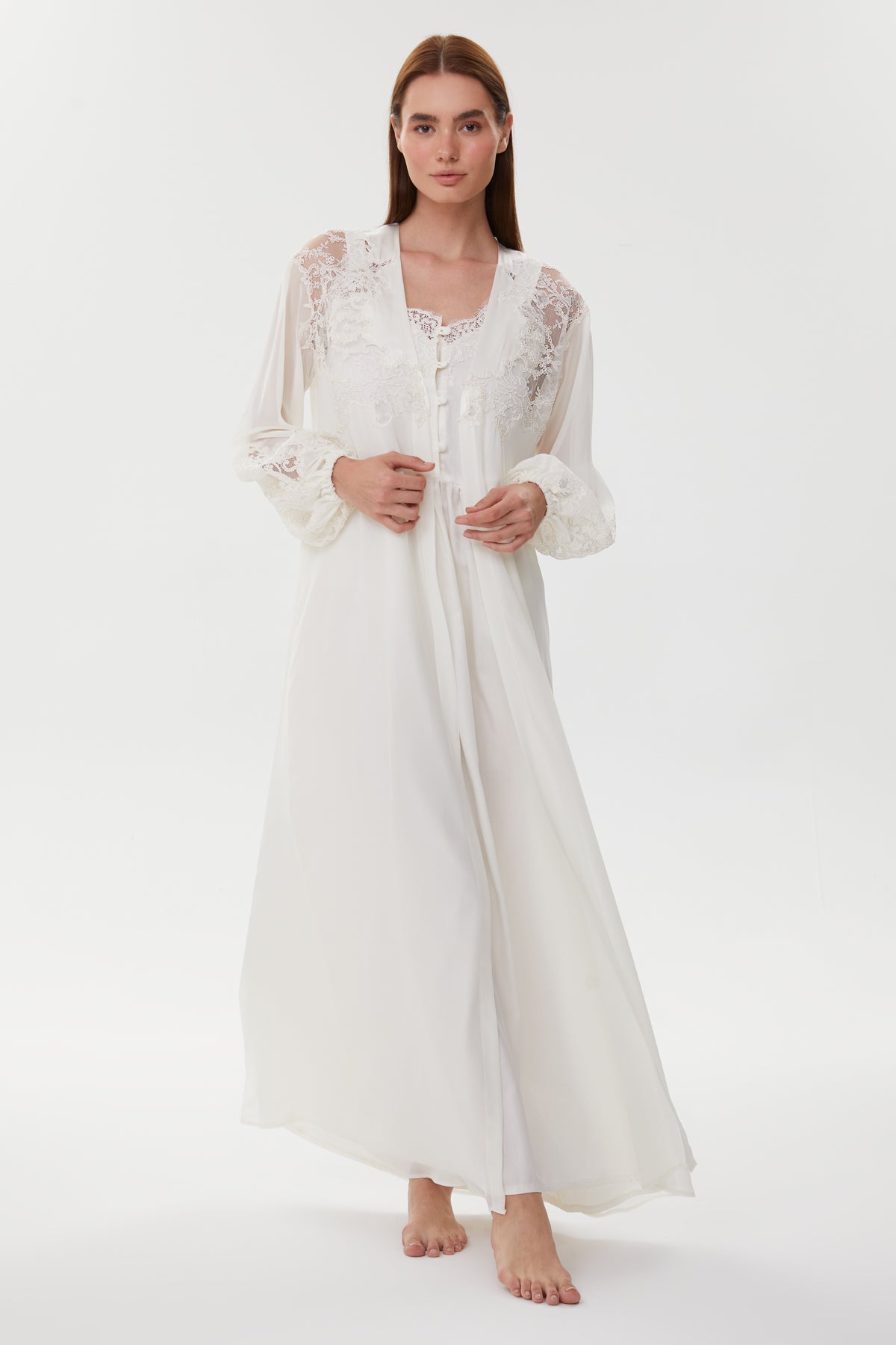 Carine Ecru Cotton Satin Nightgown with Crepe Chiffon Robe