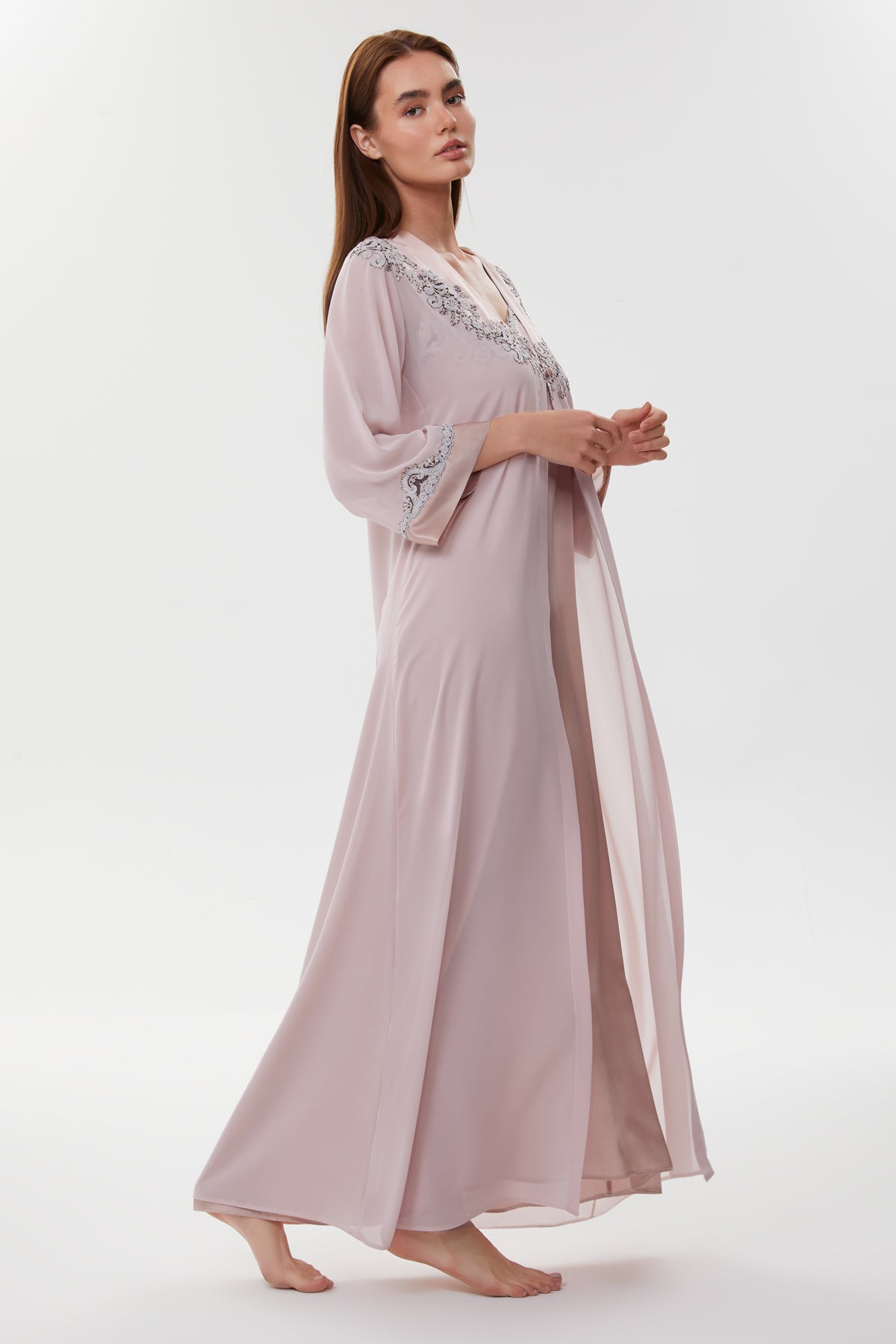 Belinda Dusty Blush Silk Nightgown & Crepe Chiffon Robe
