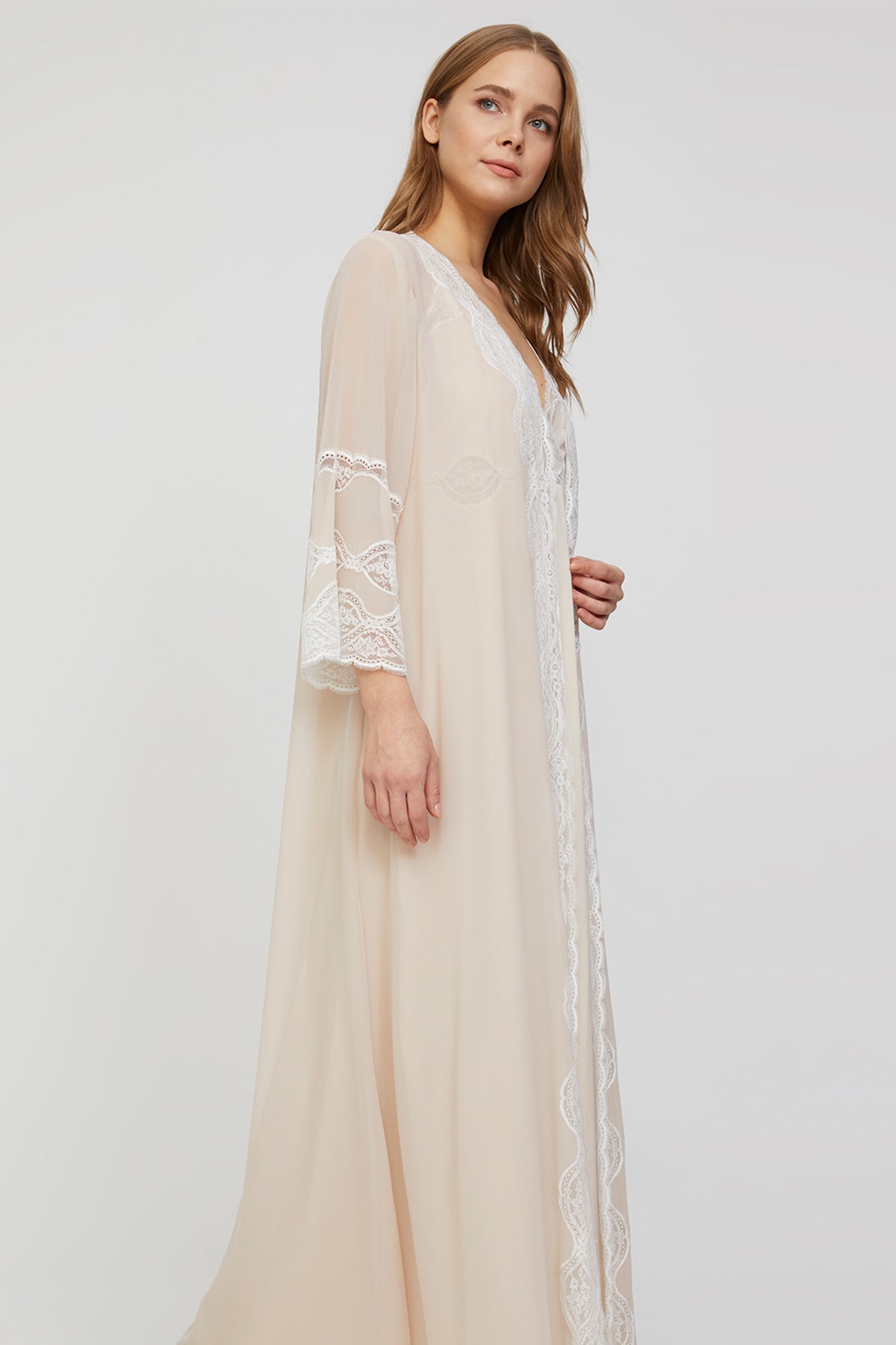 Elenore Nude Beige Cotton-Voile Nightgown & Crepe Chiffon Robe