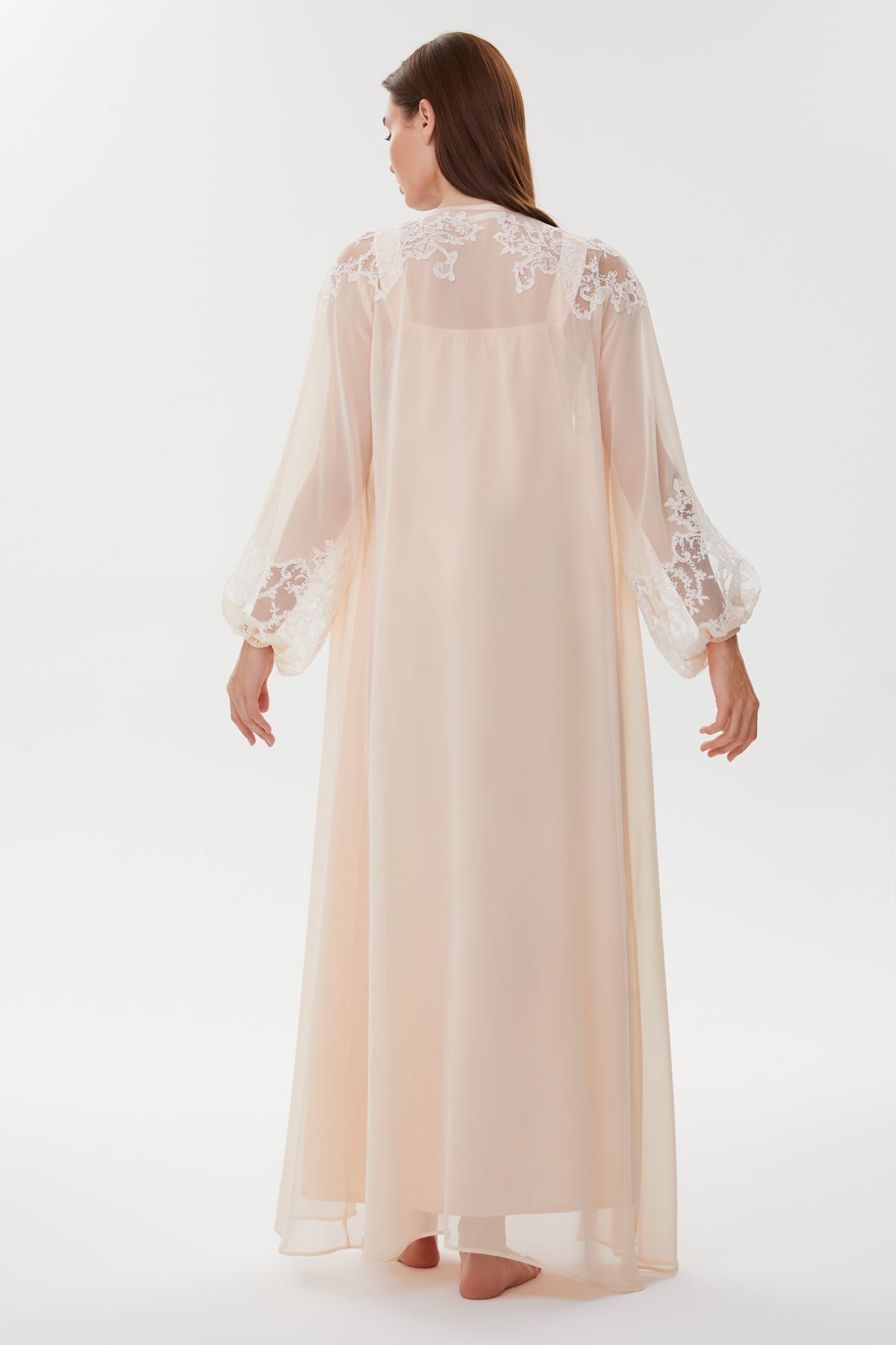 Carine Blush Peach Cotton Satin Nightgown with Crepe Chiffon Robe