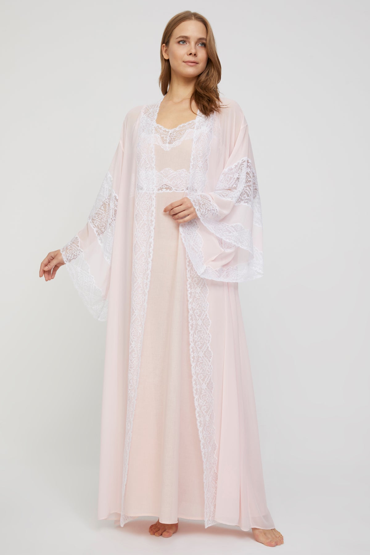 Viviane Rose Water Cotton-Voile Nightgown and Chiffon Kimono Robe