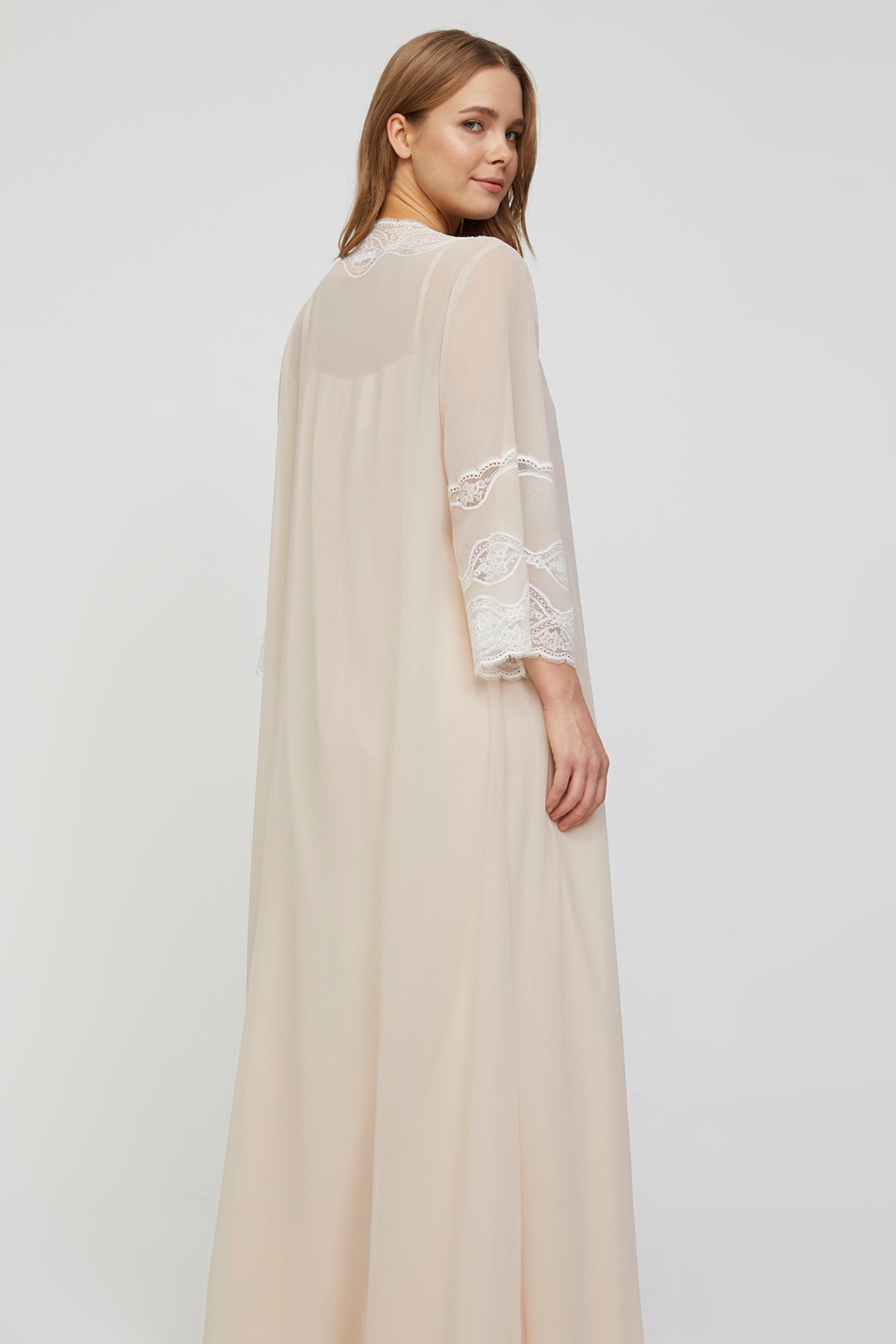 Elenore Nude Beige Cotton-Voile Nightgown & Crepe Chiffon Robe