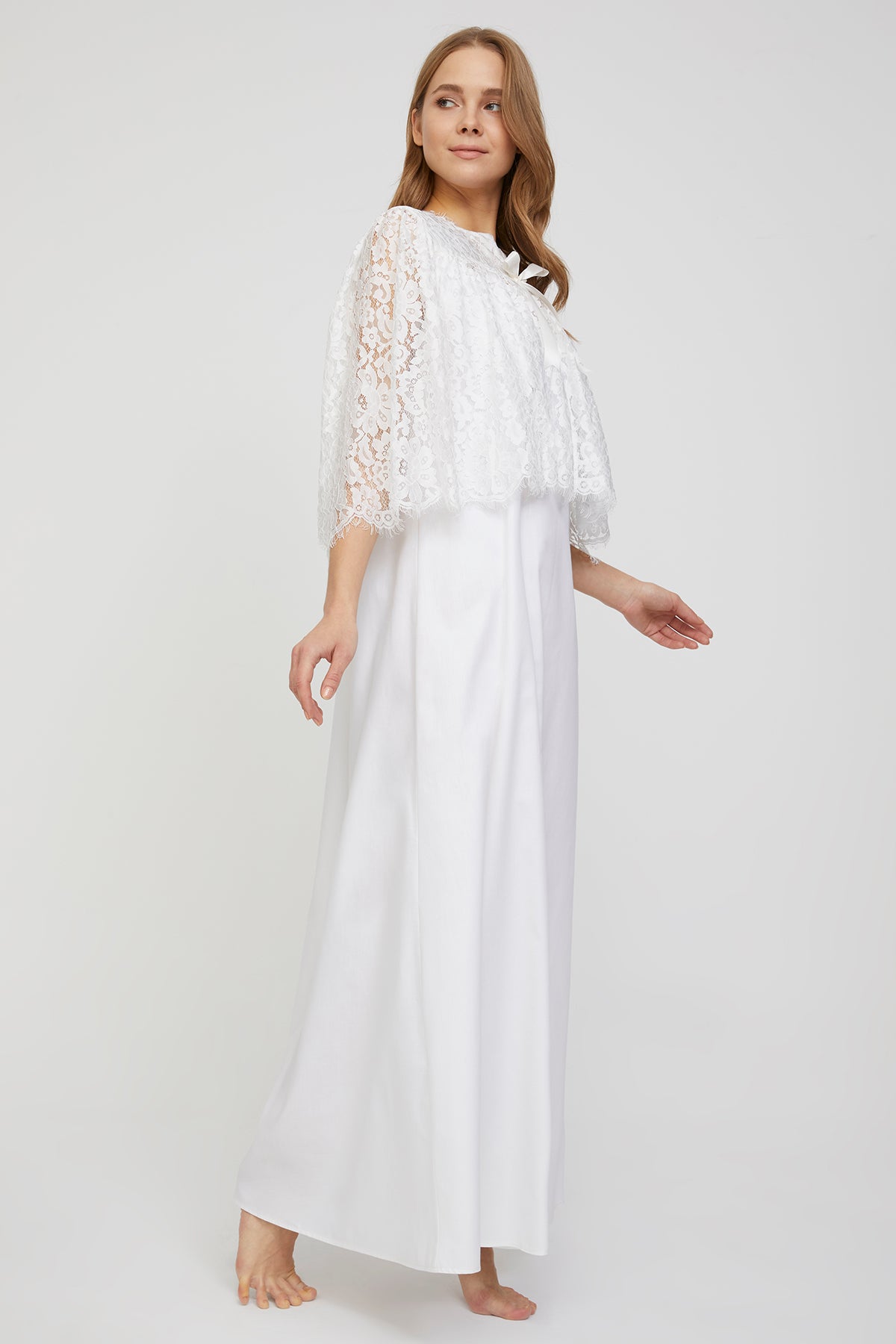 Romantic Pure White Cotton Satin Nightgown and French Lace Cape