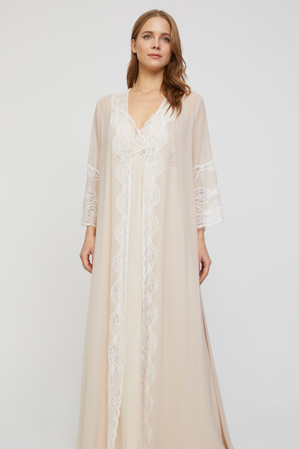 Elenore Nude Beige Cotton-Voile Nightgown & Crepe Chiffon Robe