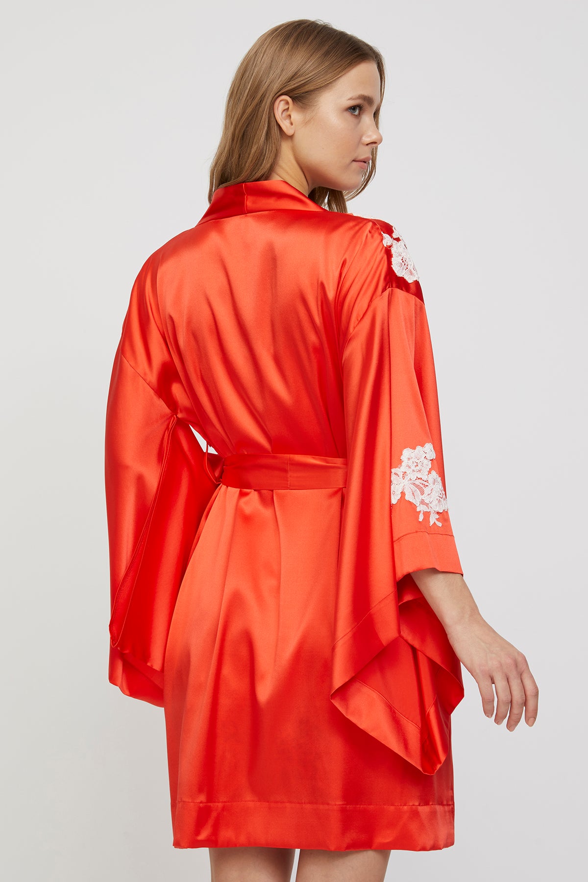 Amore Sunset Coral Silk Nightie with Kimono