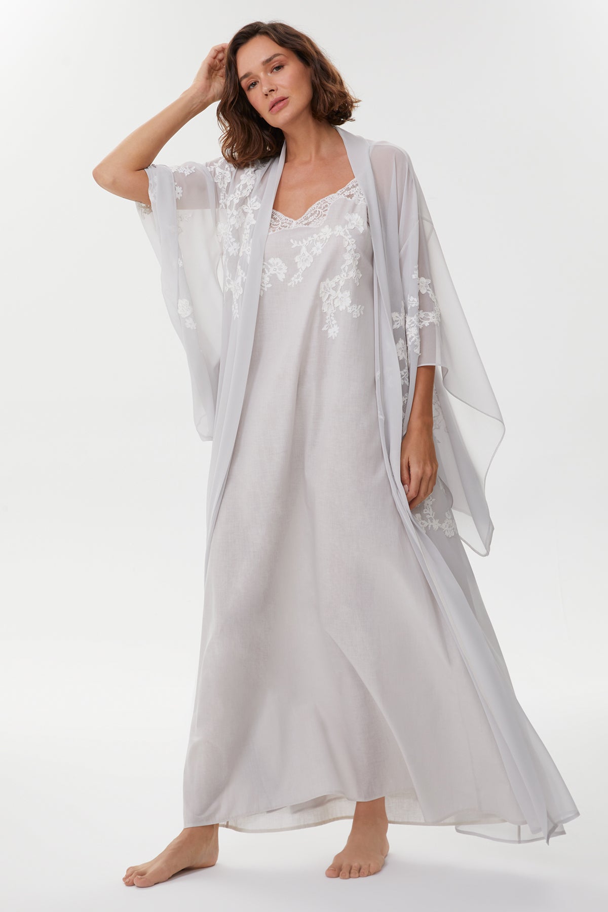 Abella Ice Gray Cotton Voile Nightgown & Chiffon Robe