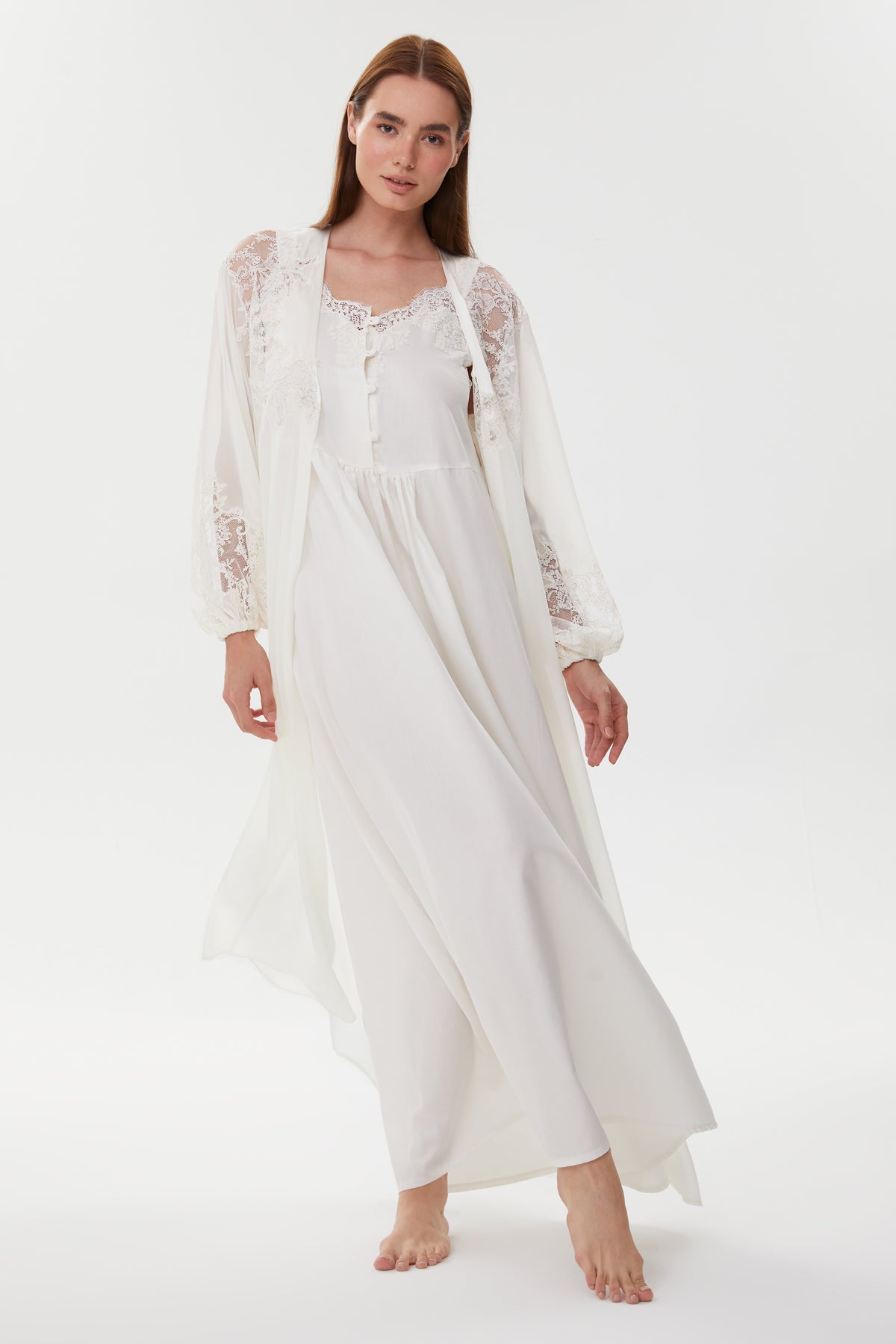 Carine Ecru Cotton Satin Nightgown with Crepe Chiffon Robe