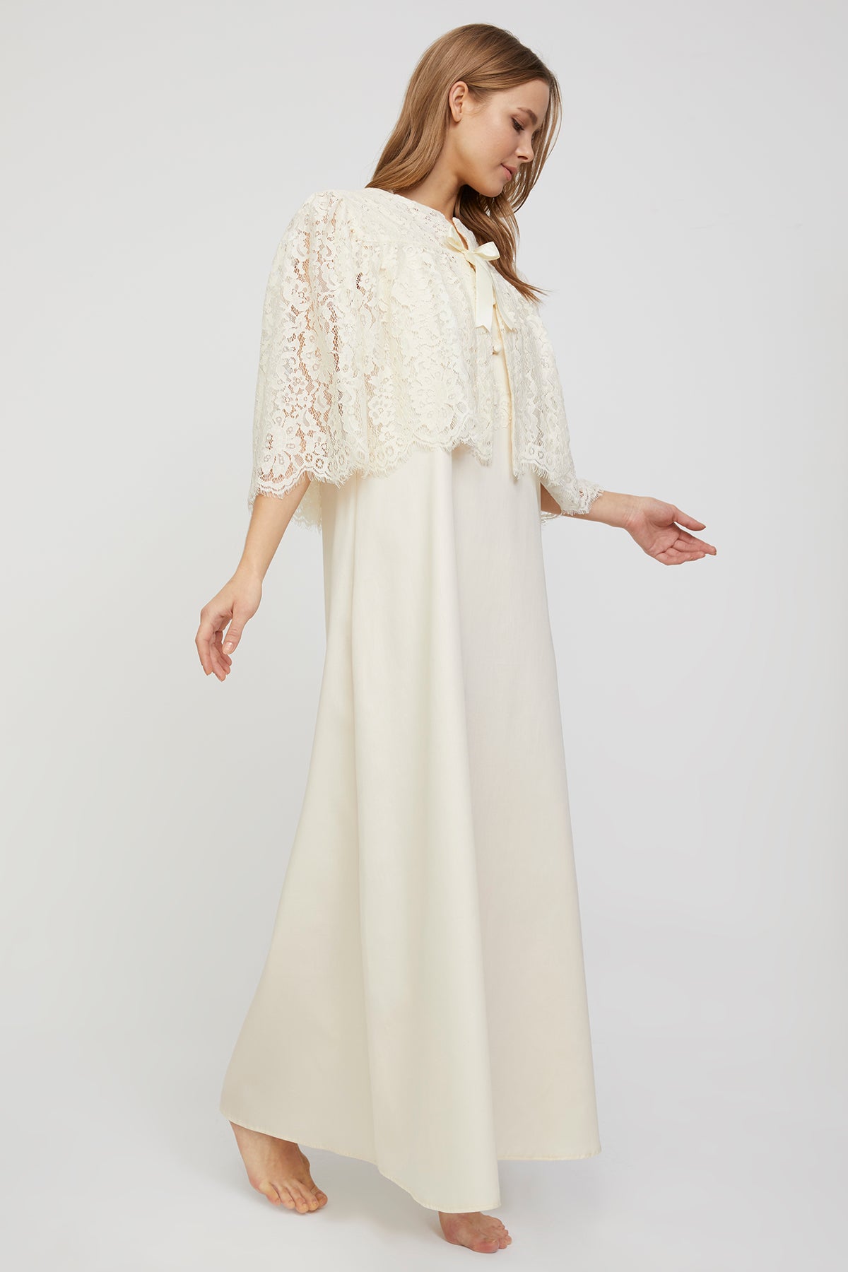Romantic Ecru Cotton Satin Nightgown and French Lace Cape