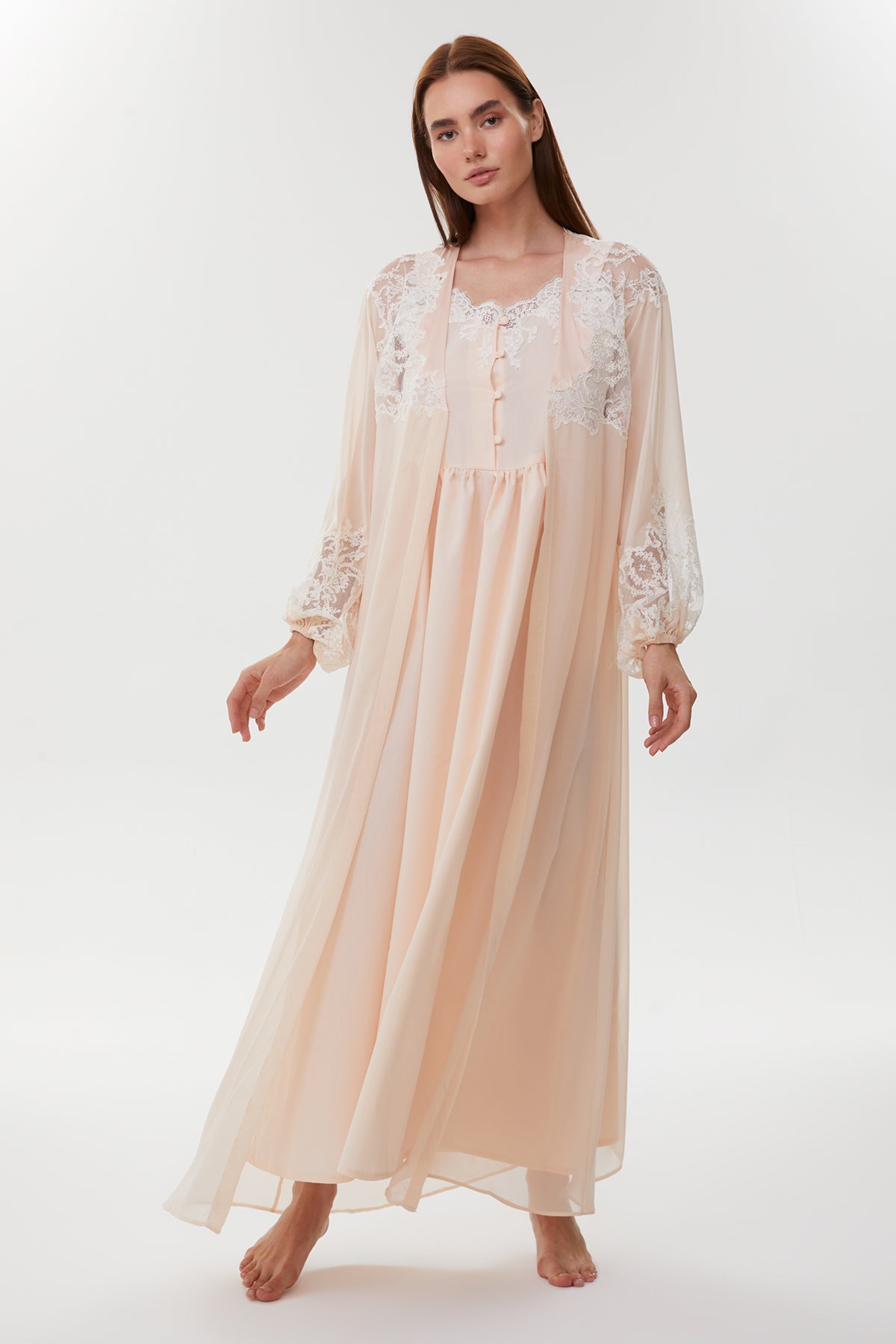 Carine Blush Peach Cotton Satin Nightgown with Crepe Chiffon Robe