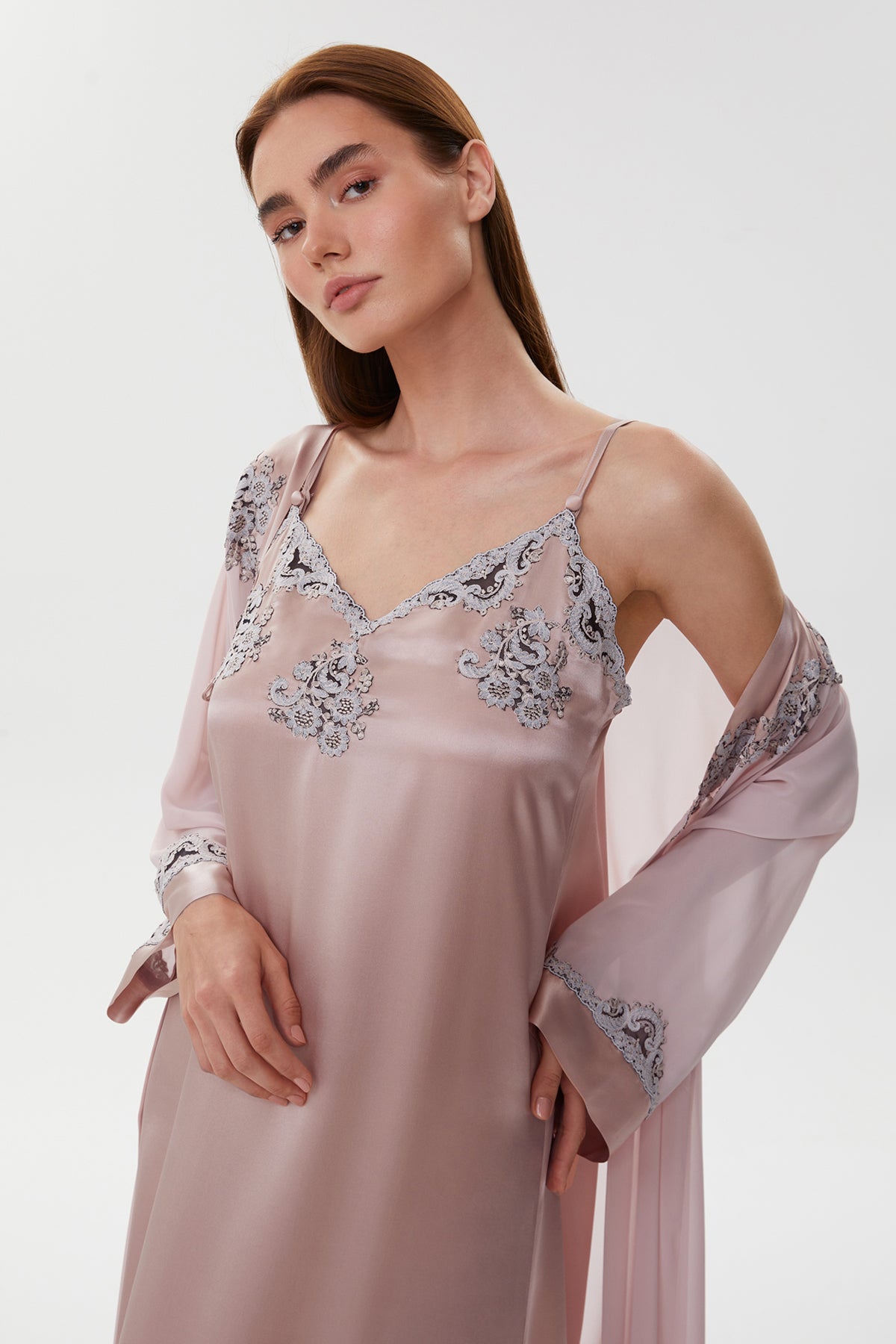 Belinda Dusty Blush Silk Nightgown & Crepe Chiffon Robe