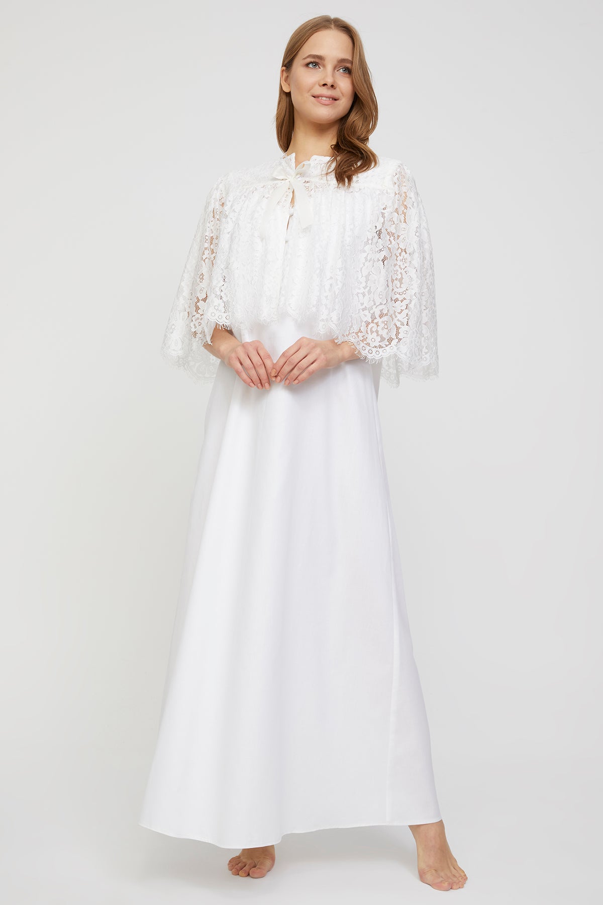 Romantic Pure White Cotton Satin Nightgown and French Lace Cape