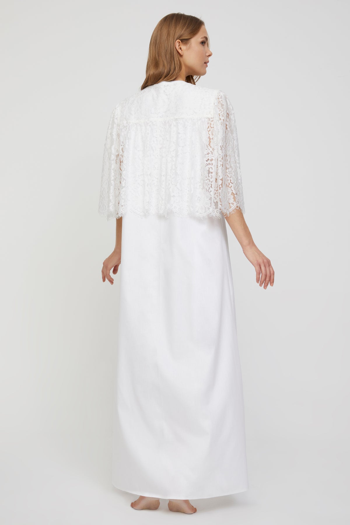 Romantic Pure White Cotton Satin Nightgown and French Lace Cape