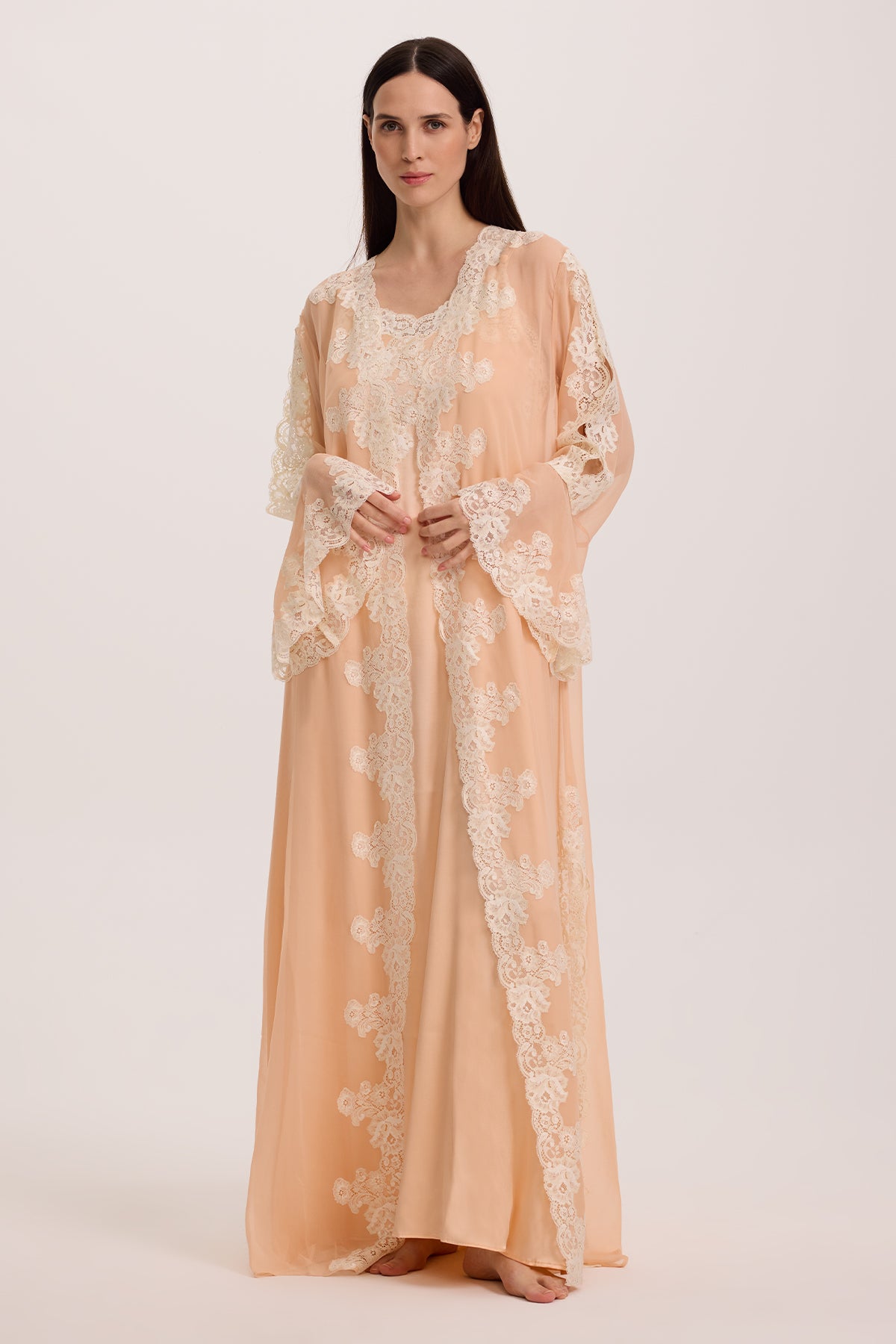Jade Apricot Silk Nightgown with Silk Georgette Robe
