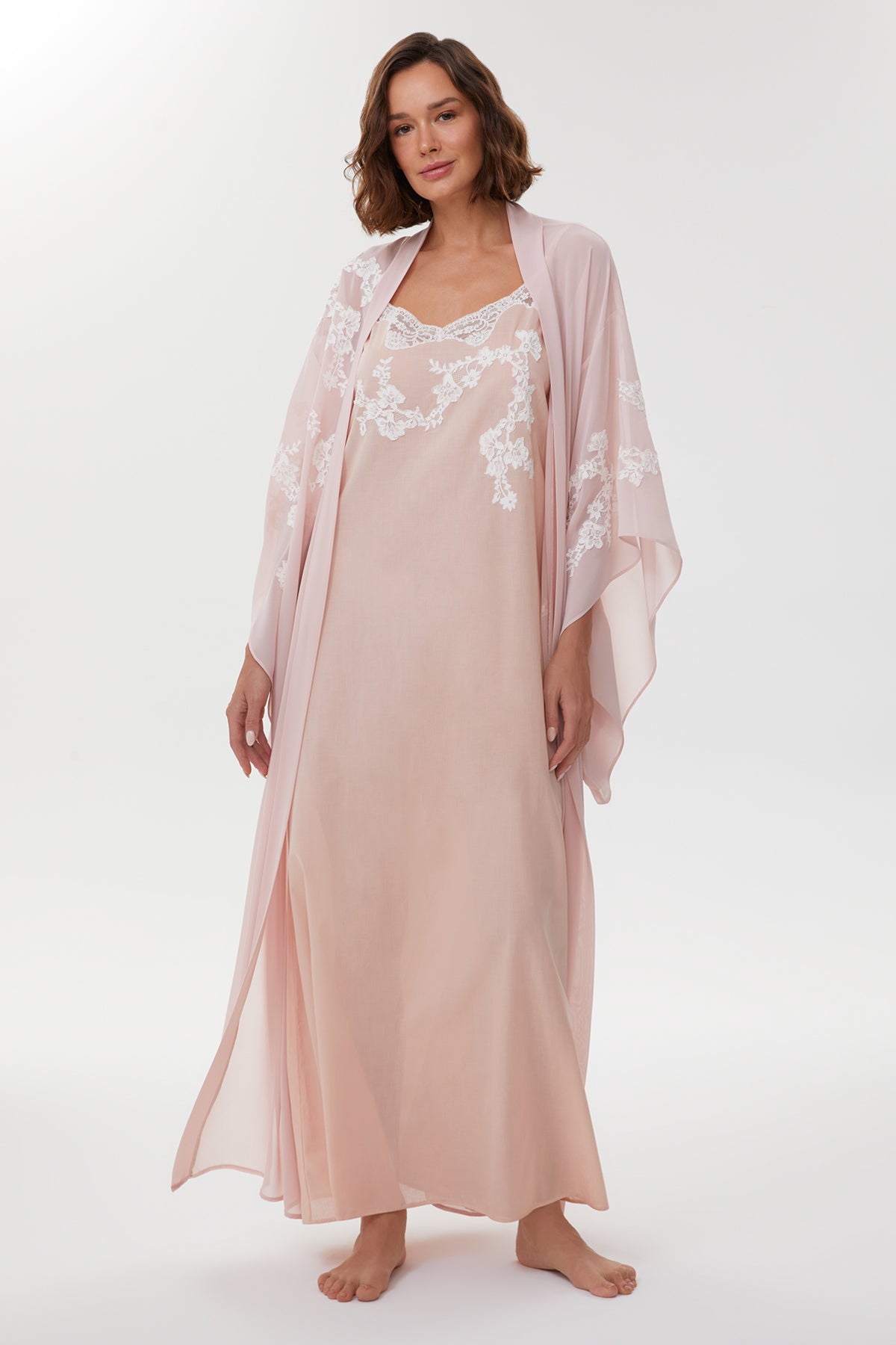 Abella Powder Pink Cotton Voile Nightgown & Chiffon Robe