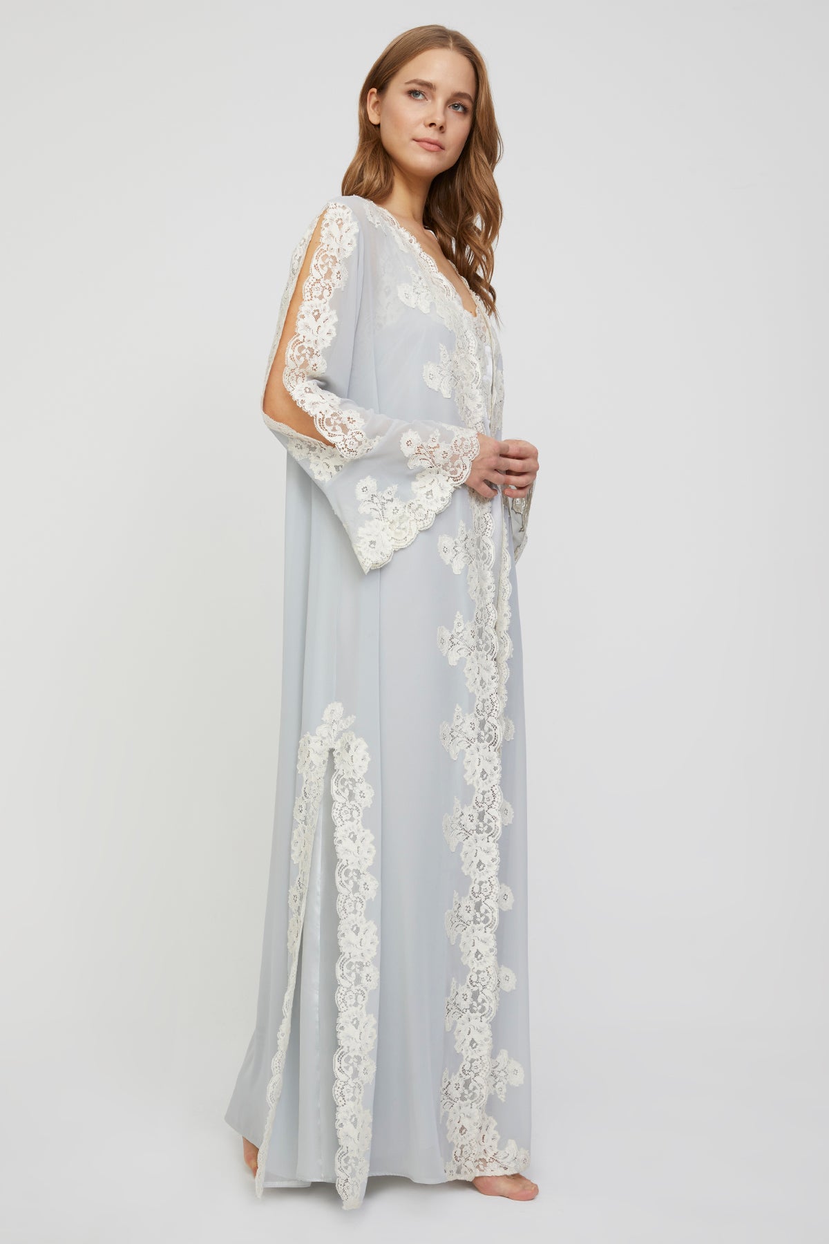 Jade Ice Gray Silk Nightgown with Silk Georgette Robe