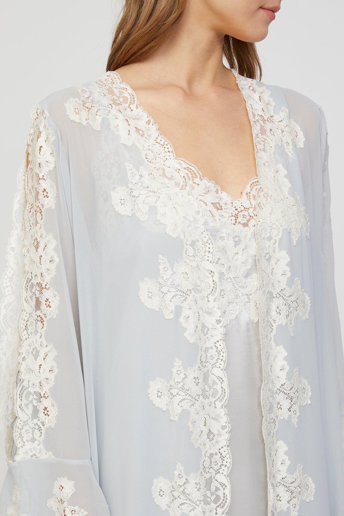 Jade Ice Gray Silk Nightgown with Silk Georgette Robe
